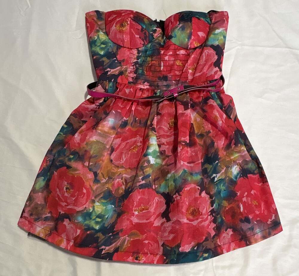 Sans Souci Floral Strapless Dress Size M Red Tulle Belted Minidress